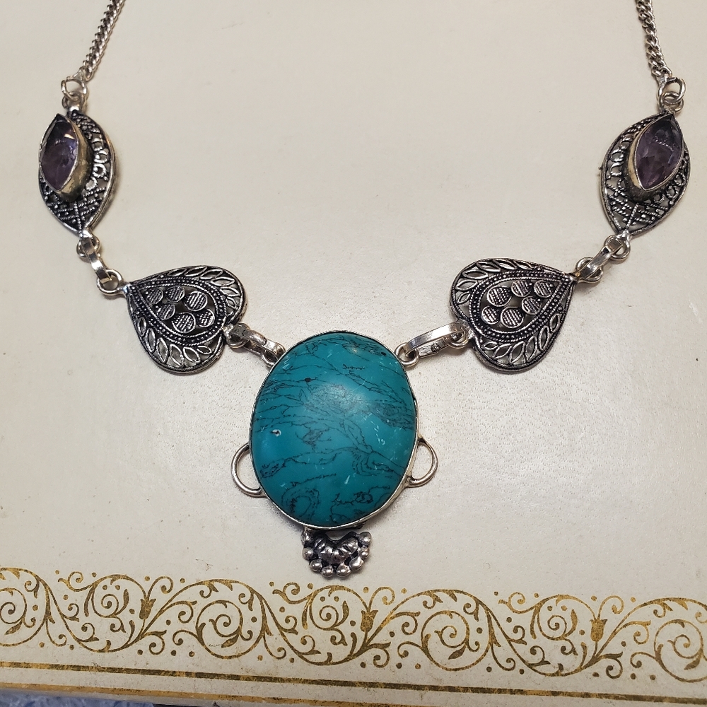 Vintage 925 Turquoise Color Cabochon Amethyst Necklace